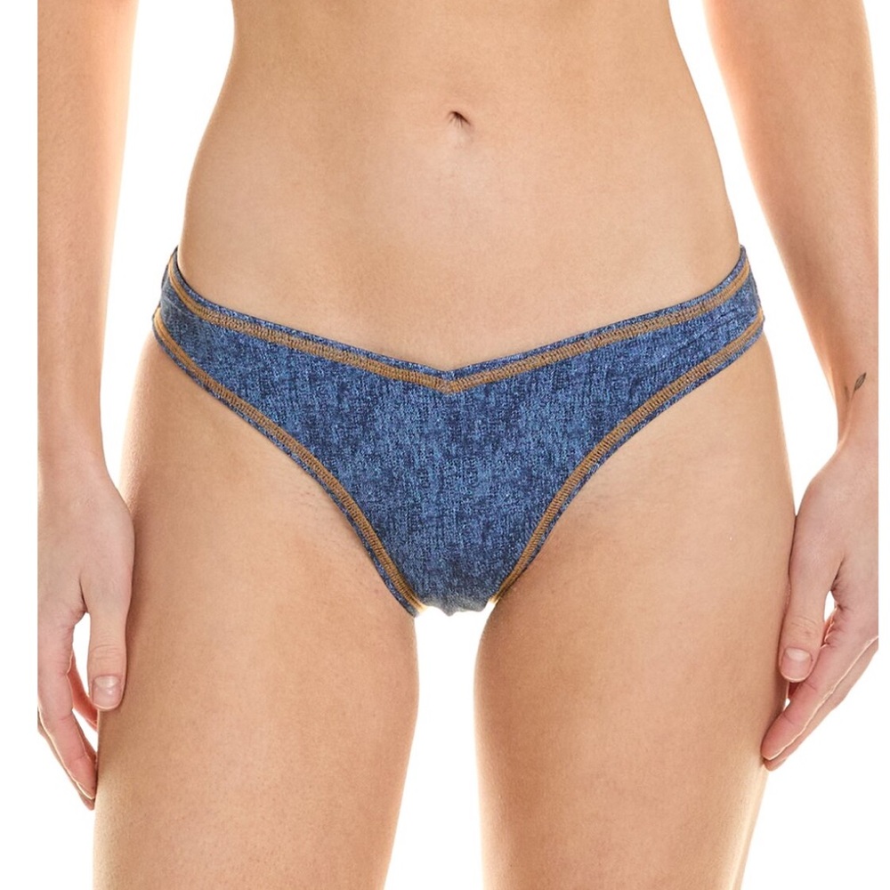 WeWoreWhat Delilah Denim Flatlock Bikini Bottom | Dark Wash